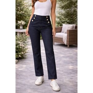 Nine West Jeans Dark Wash Sailor Trouser Pants Gold Buttons Women Size 16